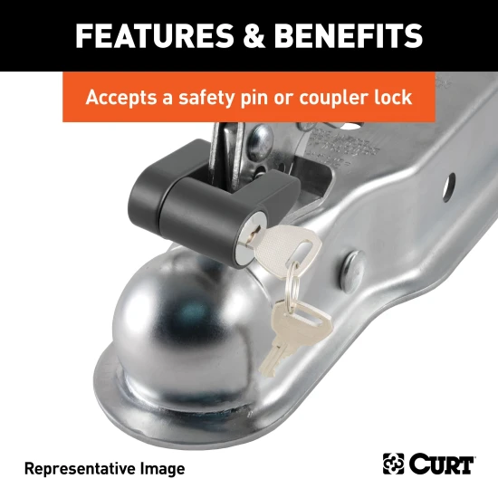 CURT Posi-Lock latch for secure towing with 2 inch trailer balls and adjustable design for varying channel widths.