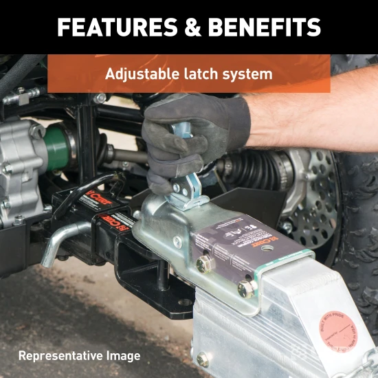 CURT Posi-Lock latch for secure towing with 2 inch trailer balls and adjustable design for varying channel widths.