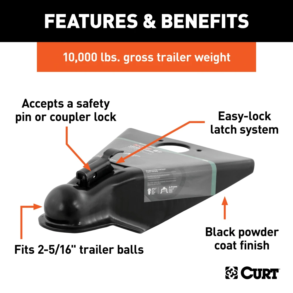 CURT A-frame trailer coupler with easy-lock latch, 10,000 lbs GTW, black finish