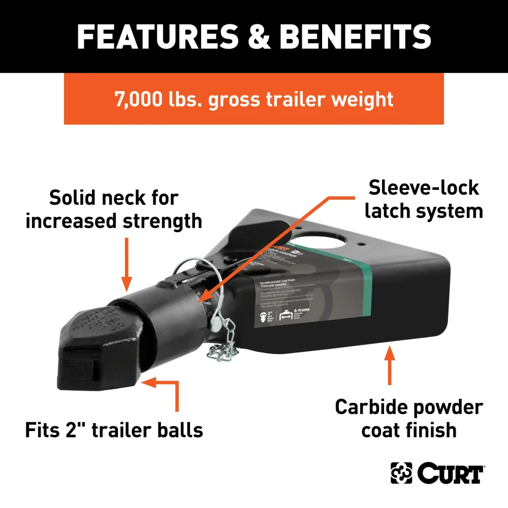 CURT A-frame coupler with sleeve-lock latch and carbide black finish for RV trailers, fits 2 inch ball, 7000 lbs capacity