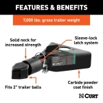 CURT A-frame coupler with sleeve-lock latch and carbide black finish for RV trailers, fits 2 inch ball, 7000 lbs capacity