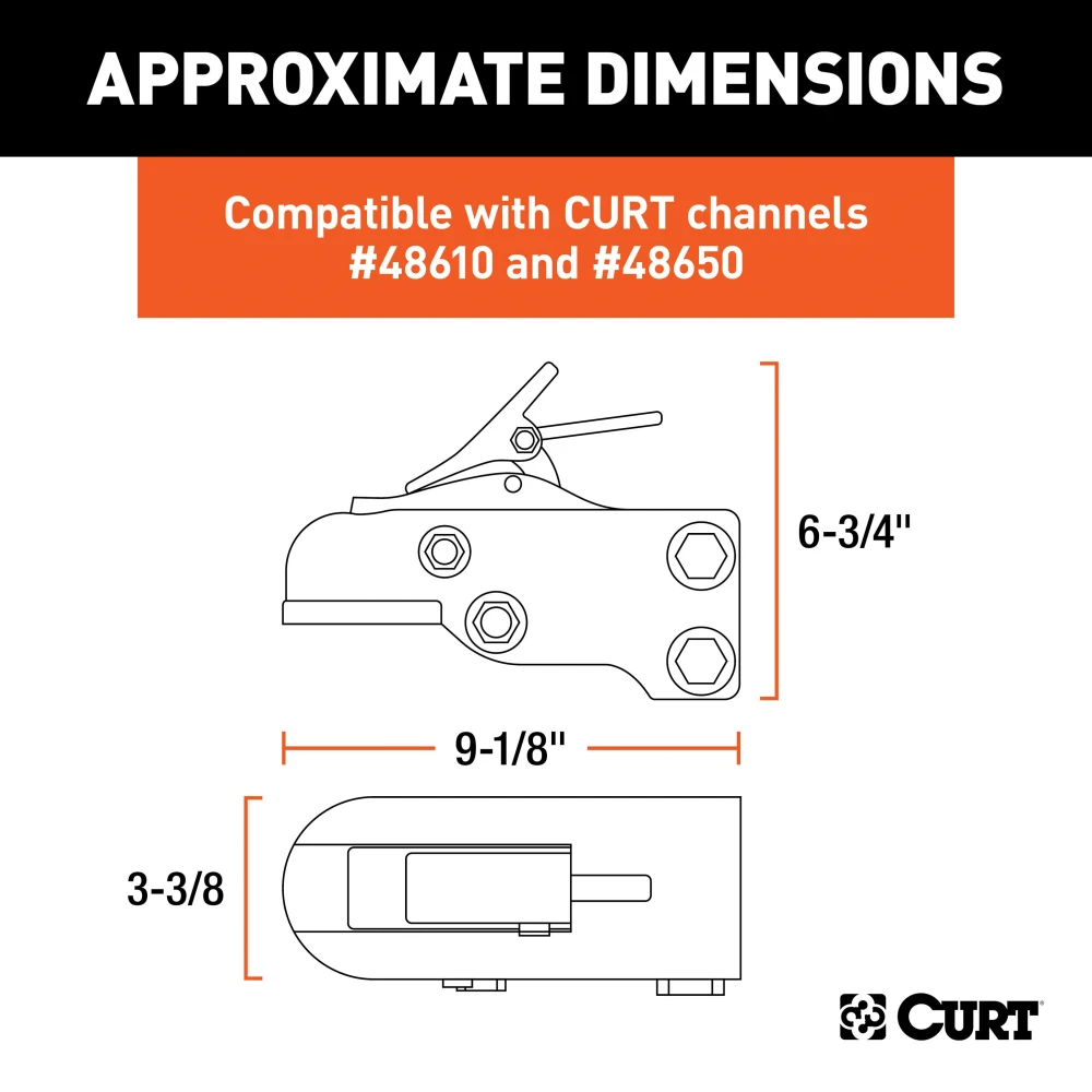 CURT Adjustable Channel Coupler with Lockable Latch CURT adjustable channel coupler with durable black powder coat finish and safety features