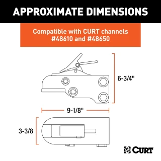 CURT Adjustable Channel Coupler with Lockable Latch CURT adjustable channel coupler with durable black powder coat finish and safety features