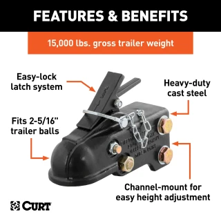 CURT Adjustable Channel Coupler with Lockable Latch CURT adjustable channel coupler with durable black powder coat finish and safety features