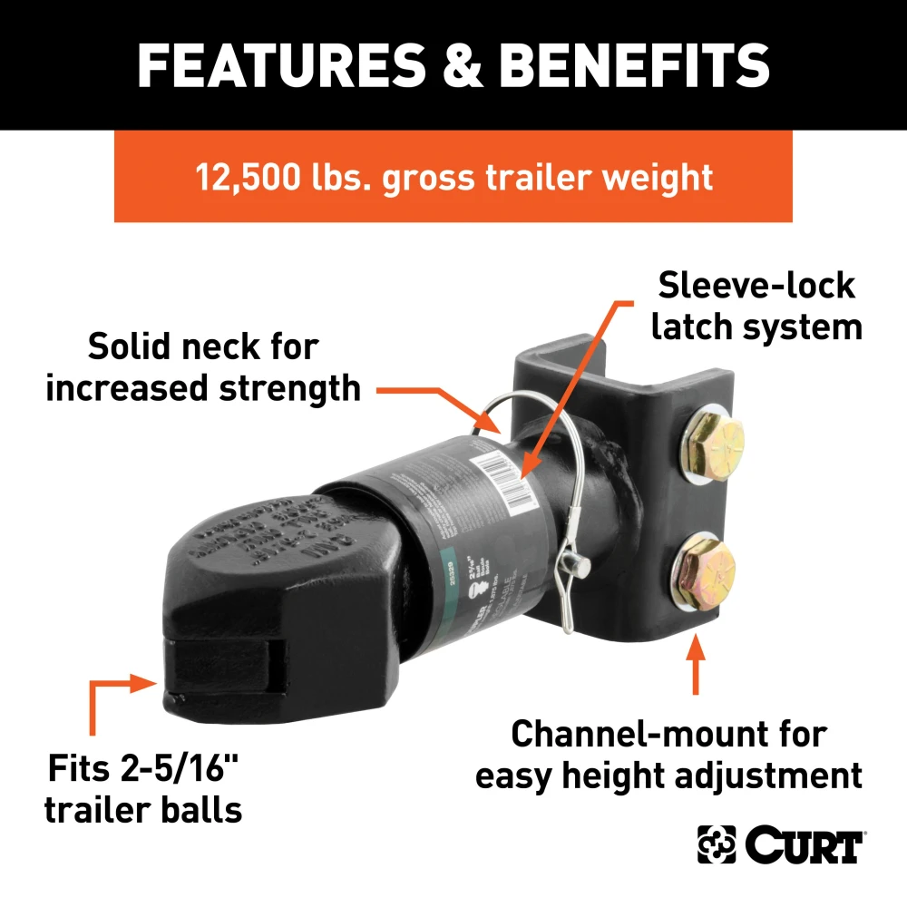 CURT adjustable channel coupler with sleeve-lock latch and black powder coat finish for secure towing.