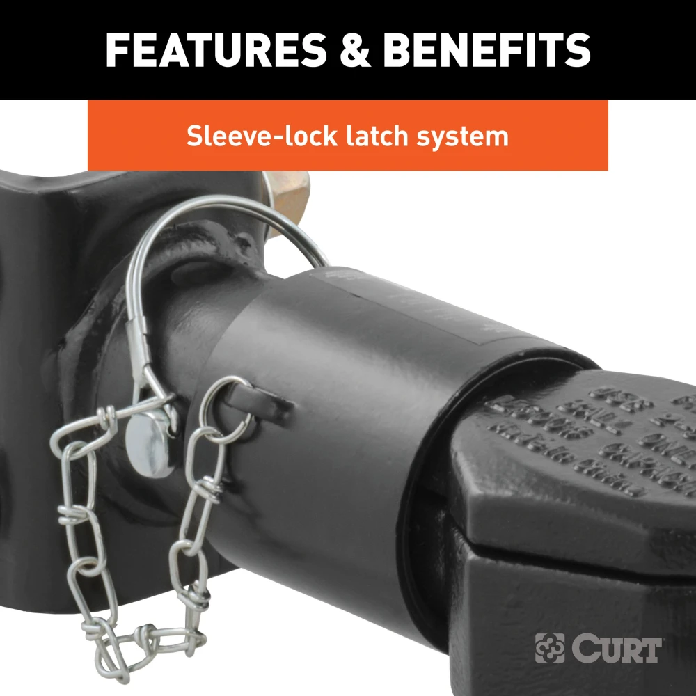 CURT adjustable channel coupler with sleeve-lock latch and black powder coat finish for secure towing.