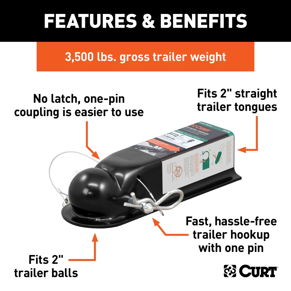 CURT QuickPin trailer coupler featuring a pin latch design eliminating traditional latching mechanisms for easy hookup.