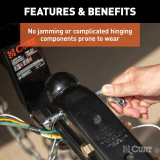 CURT QuickPin trailer coupler featuring a pin latch design eliminating traditional latching mechanisms for easy hookup.
