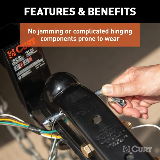 CURT QuickPin trailer coupler featuring a pin latch design eliminating traditional latching mechanisms for easy hookup.