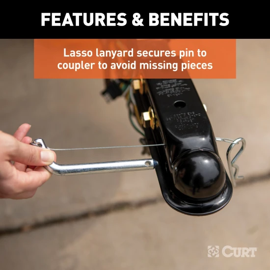 CURT QuickPin trailer coupler featuring a pin latch design eliminating traditional latching mechanisms for easy hookup.