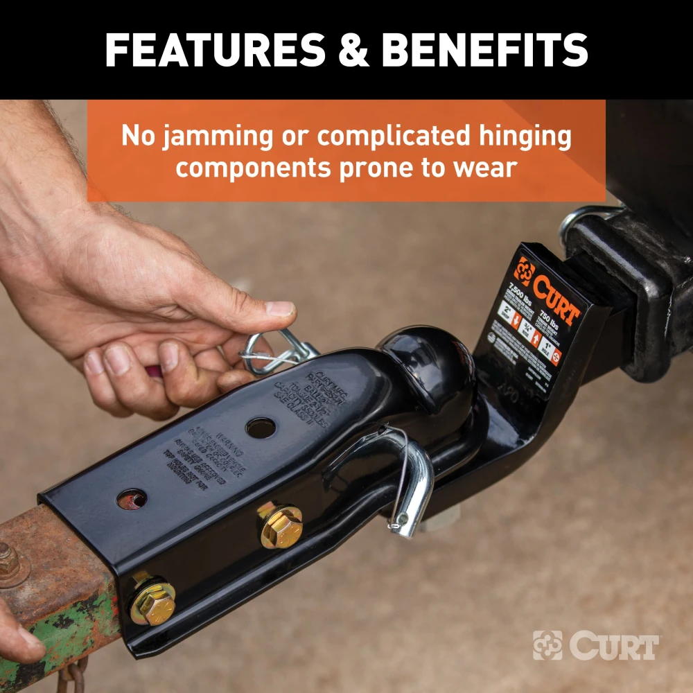 CURT QuickPin trailer coupler with hitch pin for easy towing connection