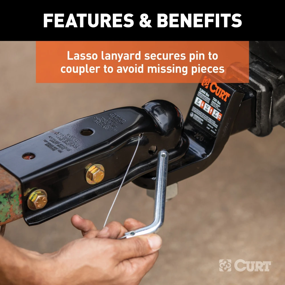 CURT QuickPin trailer coupler with hitch pin for easy towing connection