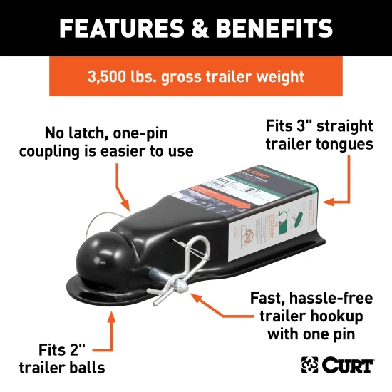 CURT QuickPin trailer coupler with revolutionary pin latch design for secure towing.