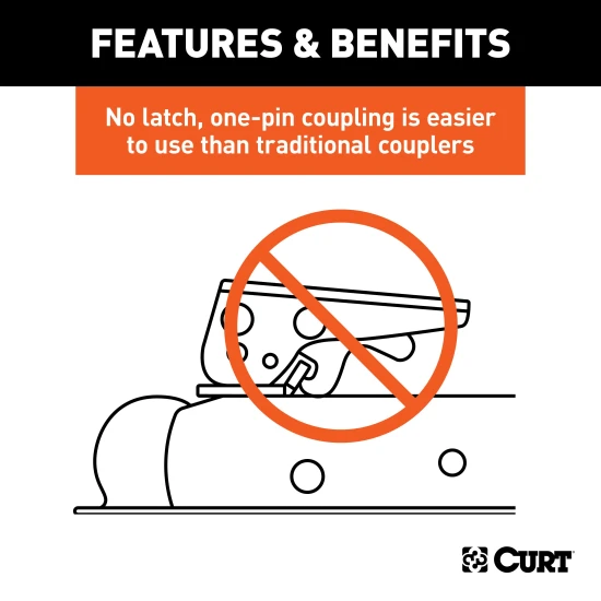CURT QuickPin trailer coupler with revolutionary pin latch design for secure towing.