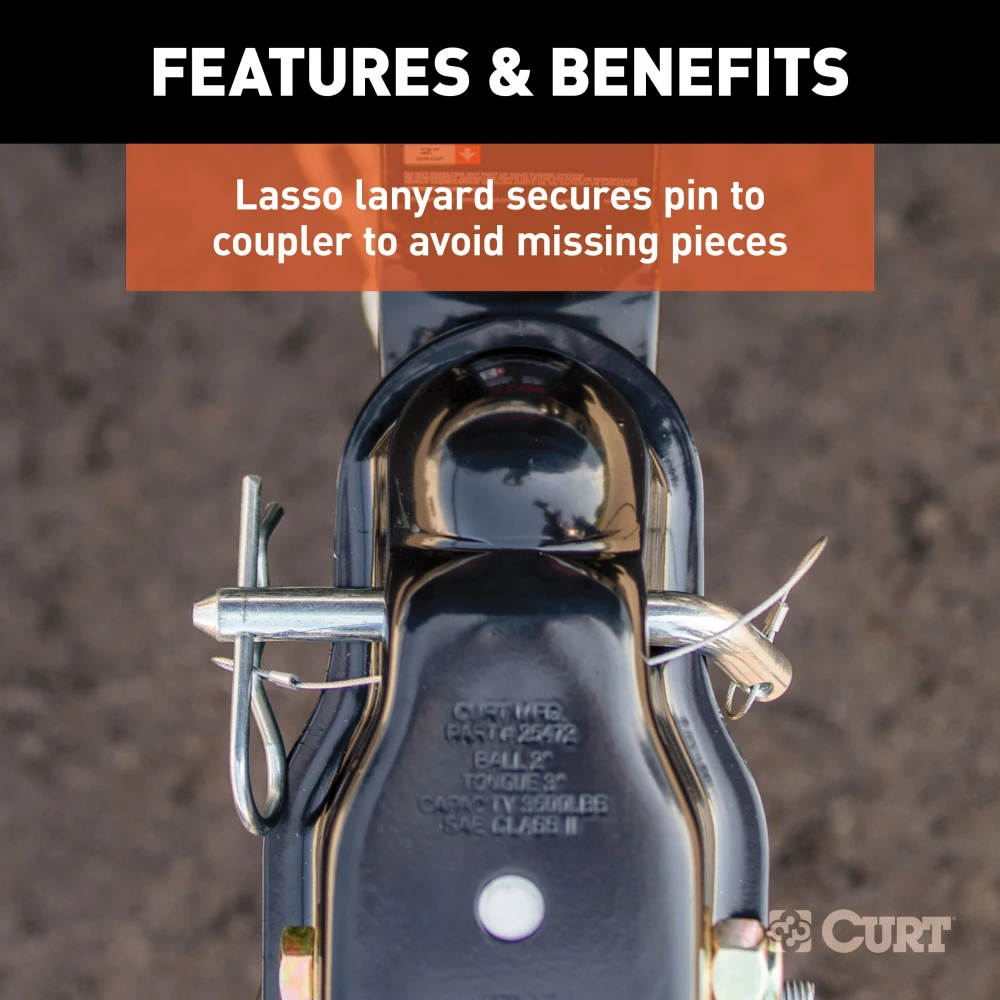 CURT QuickPin trailer coupler with revolutionary pin latch design for secure towing.