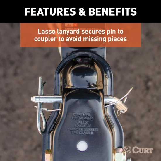 CURT QuickPin trailer coupler with revolutionary pin latch design for secure towing.