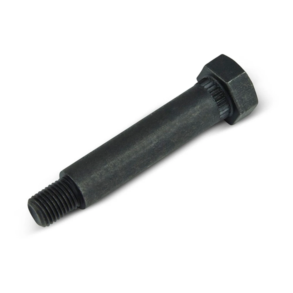 A 3-3/8 inch long shoulder bolt with a 7/16-20 thread size for equipment use