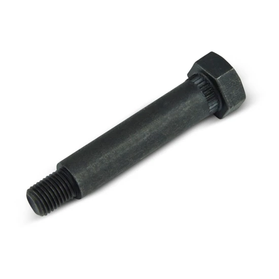 A 3-3/8 inch long shoulder bolt with a 7/16-20 thread size for equipment use