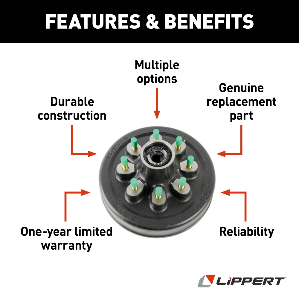 Lippert brake drum hub assembly fits 8,000-lb axle with 8 on 6.5 inch bolt pattern