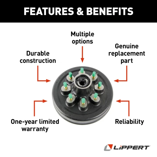 Lippert brake drum hub assembly fits 8,000-lb axle with 8 on 6.5 inch bolt pattern