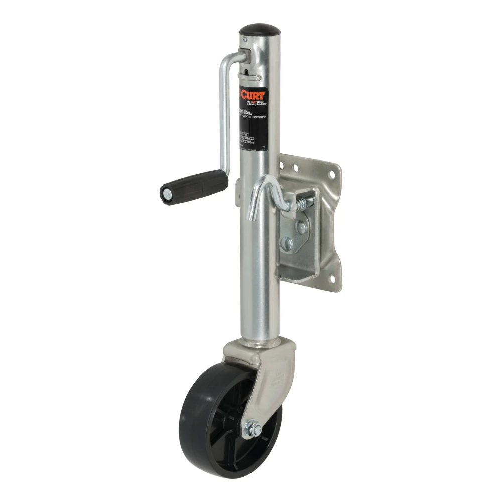 CURT marine trailer jack with 1200 lbs capacity, zinc finish, 6-inch wheel, and swivel design for trailers.