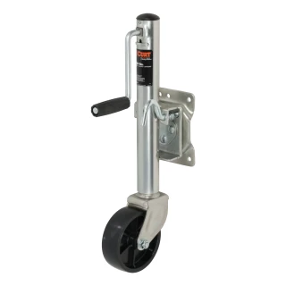 CURT marine trailer jack with 1200 lbs capacity, zinc finish, 6-inch wheel, and swivel design for trailers.