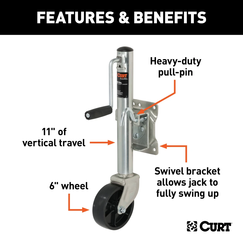 CURT marine trailer jack with 1200 lbs capacity, zinc finish, 6-inch wheel, and swivel design for trailers.