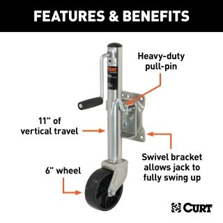 CURT marine trailer jack with 1200 lbs capacity, zinc finish, 6-inch wheel, and swivel design for trailers.