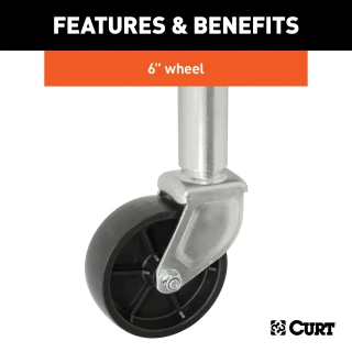 CURT marine trailer jack with 1200 lbs capacity, zinc finish, 6-inch wheel, and swivel design for trailers.