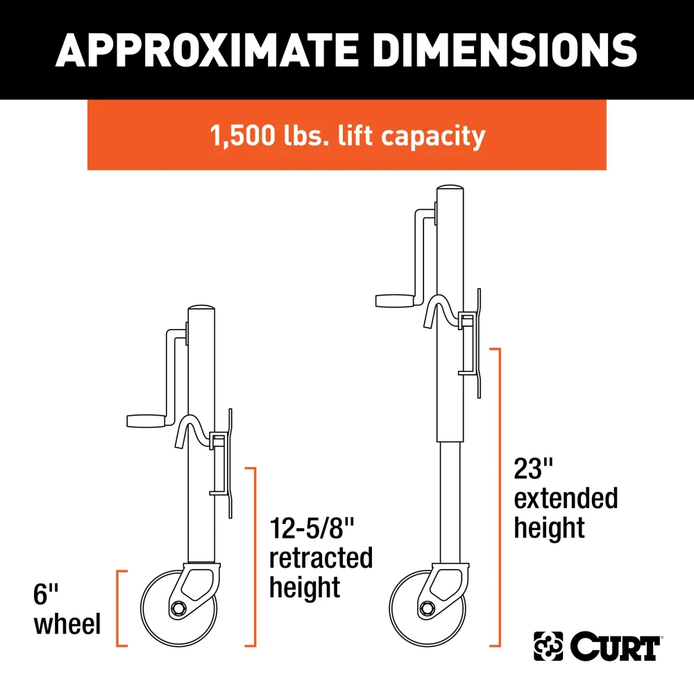 CURT marine trailer jack featuring dual 6-inch wheels and zinc-plated finish for enhanced mobility and corrosion resistance.