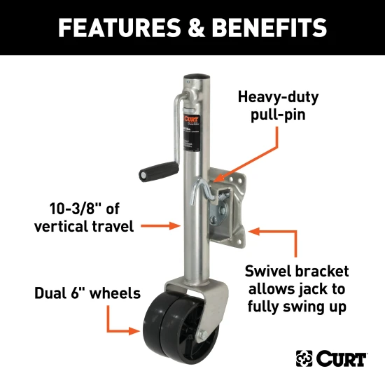 CURT marine trailer jack featuring dual 6-inch wheels and zinc-plated finish for enhanced mobility and corrosion resistance.