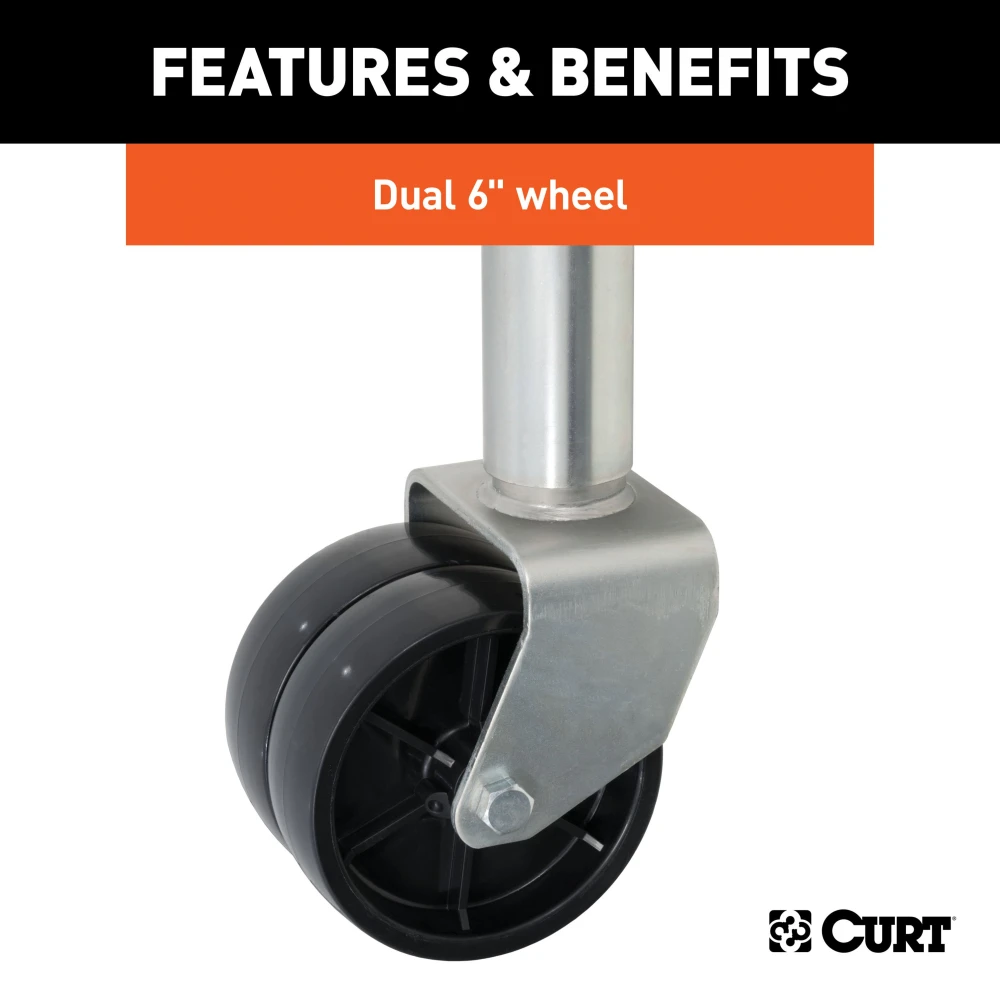 CURT marine trailer jack featuring dual 6-inch wheels and zinc-plated finish for enhanced mobility and corrosion resistance.