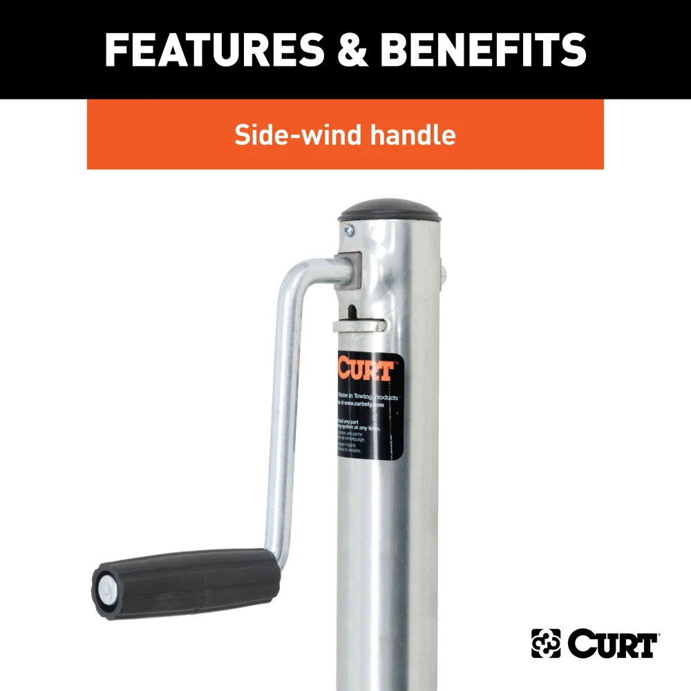 CURT marine trailer jack featuring dual 6-inch wheels and zinc-plated finish for enhanced mobility and corrosion resistance.