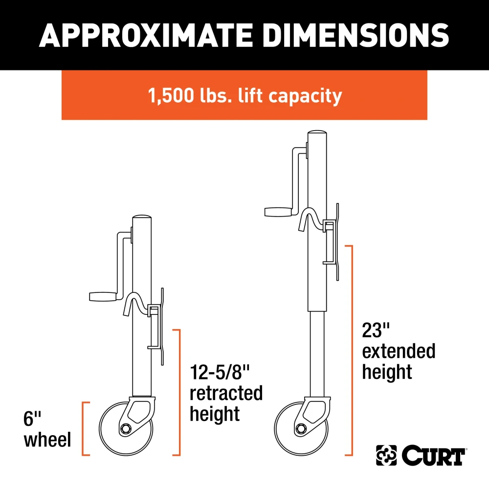 CURT marine trailer jack featuring dual wheels, side-wind handle, and zinc-plated finish.