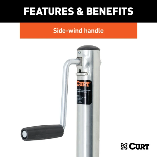 CURT marine trailer jack featuring dual wheels, side-wind handle, and zinc-plated finish.