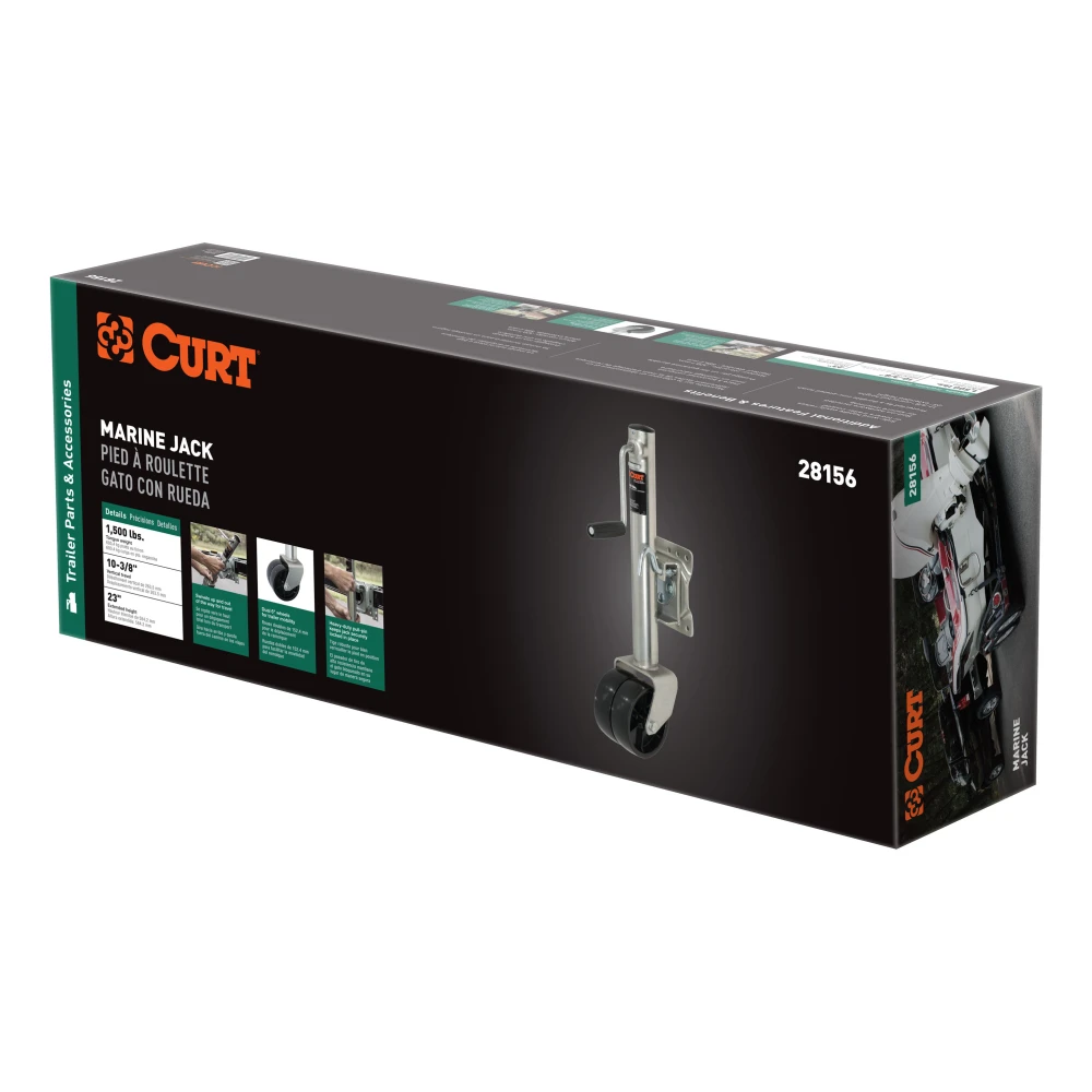 CURT marine trailer jack featuring dual wheels, side-wind handle, and zinc-plated finish.