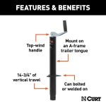 CURT A-frame trailer jack, 2000 lbs lift capacity, top-wind handle, 15-inch travel.