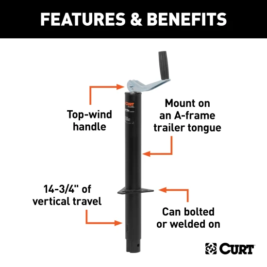 CURT A-frame trailer jack, 2000 lbs lift capacity, top-wind handle, 15-inch travel.