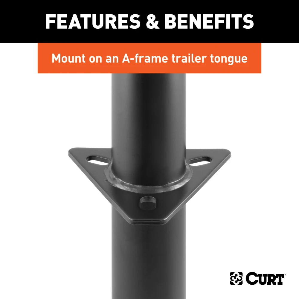 CURT A-frame trailer jack, black powdercoat finish, 5,000 lbs support capacity, 14-inch travel, topwind handle