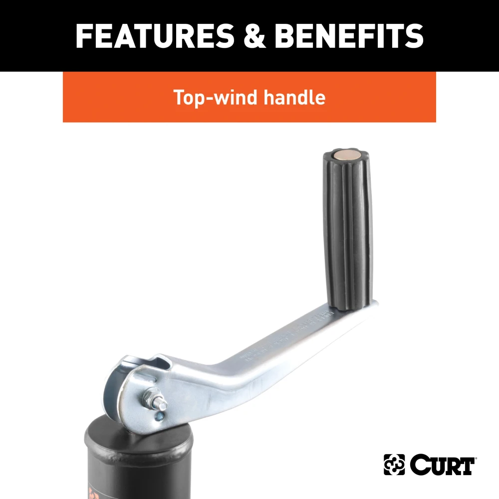 CURT A-frame trailer jack, black powdercoat finish, 5,000 lbs support capacity, 14-inch travel, topwind handle