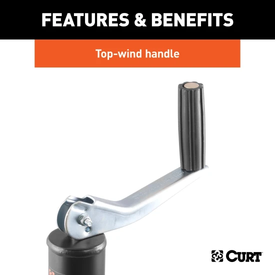 CURT A-frame trailer jack, black powdercoat finish, 5,000 lbs support capacity, 14-inch travel, topwind handle