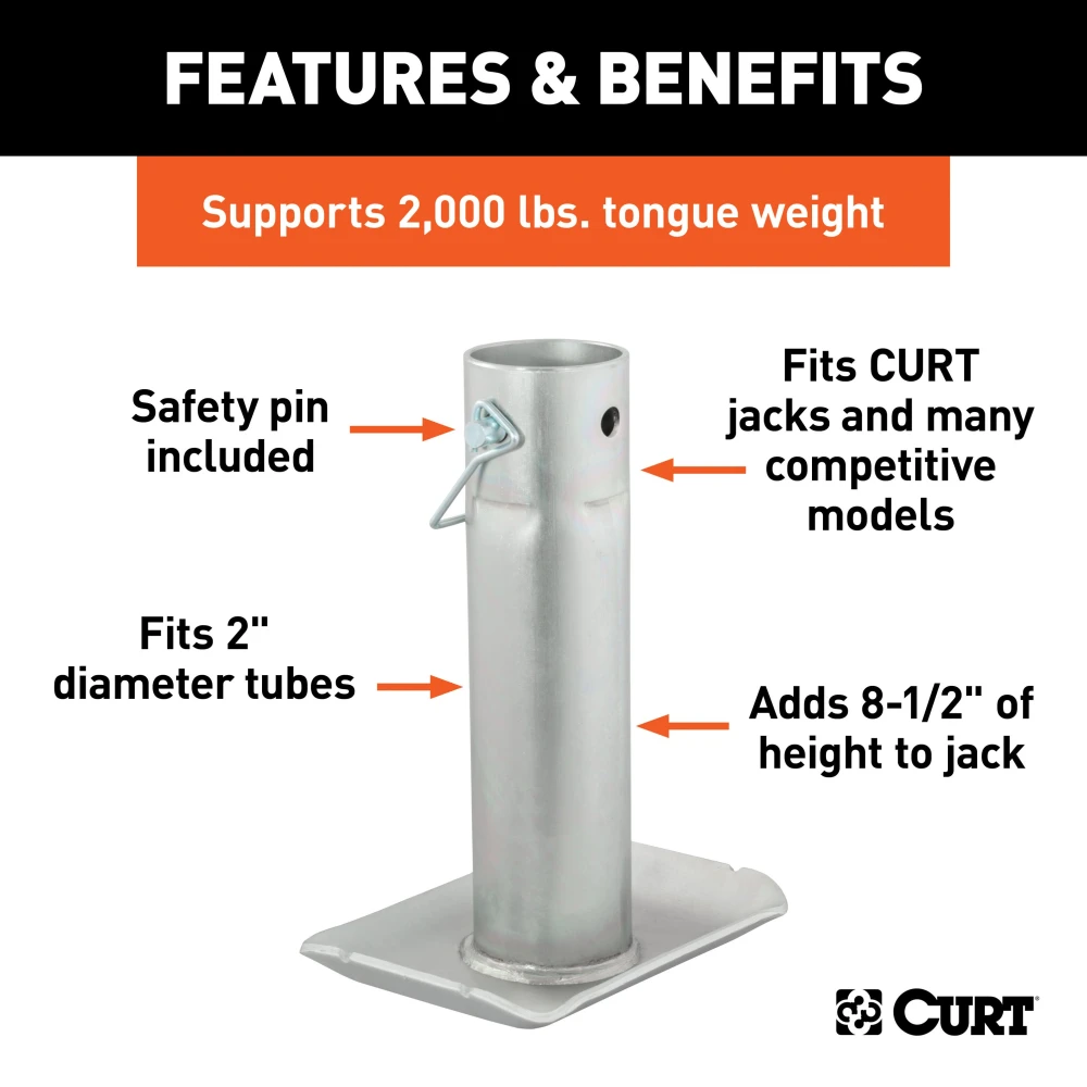 CURT steel jack footplate with safety pin, fits 2 inch diameter tubes, supports 2000 lbs