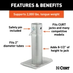 CURT steel jack footplate with safety pin, fits 2 inch diameter tubes, supports 2000 lbs
