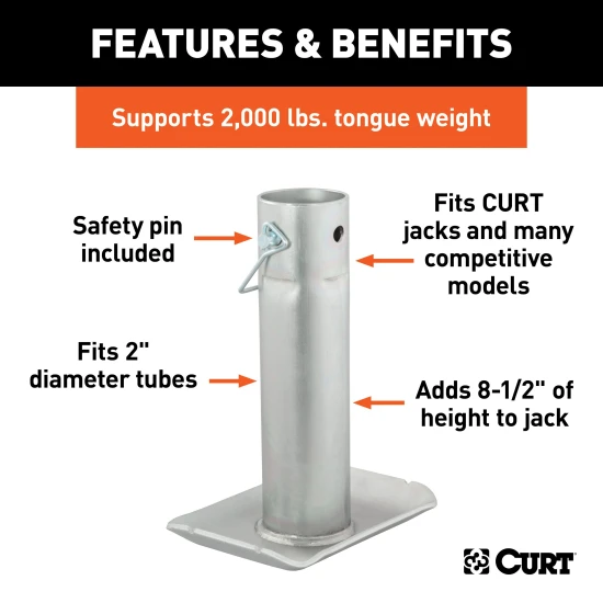 CURT steel jack footplate with safety pin, fits 2 inch diameter tubes, supports 2000 lbs
