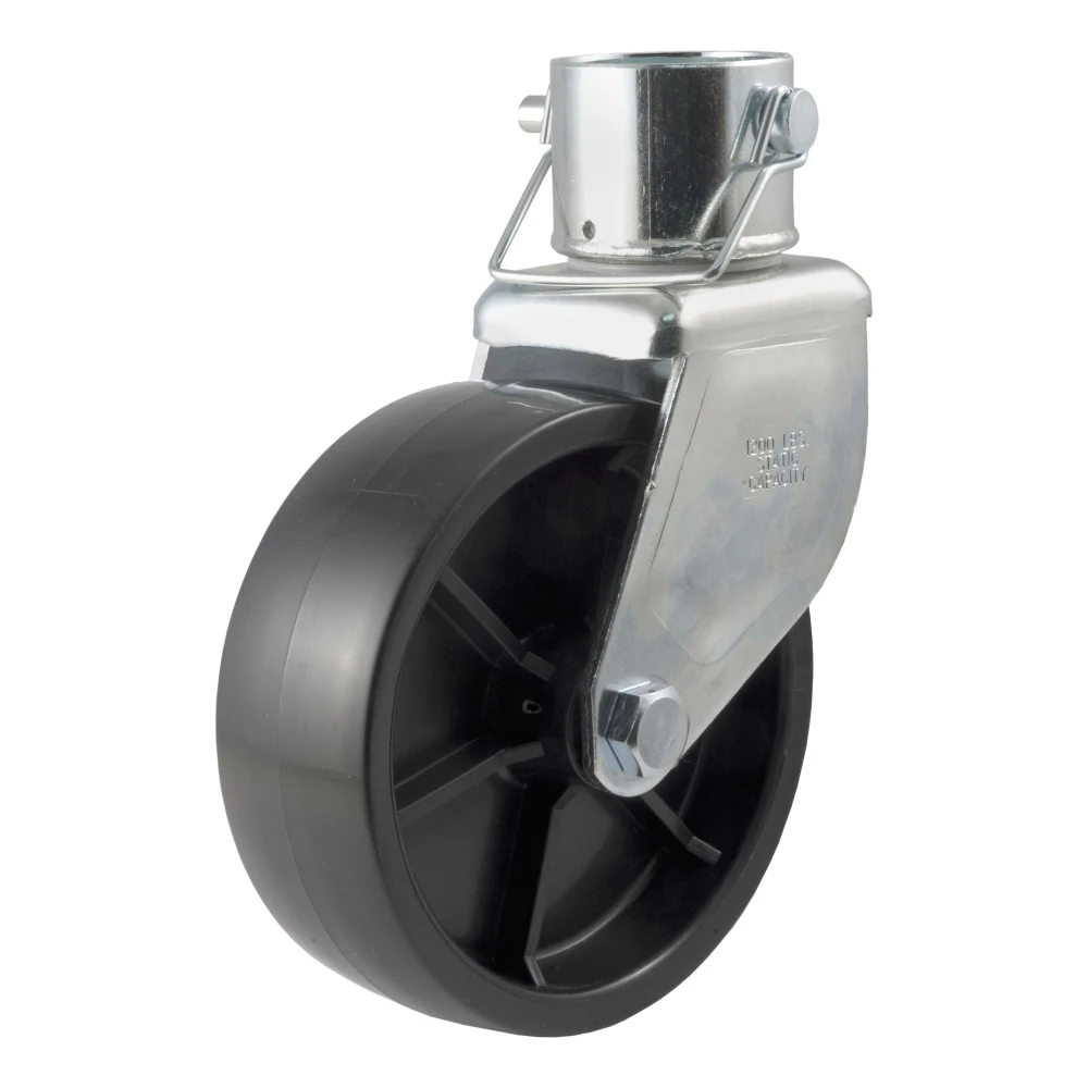 CURT jack caster with 6-inch poly wheel and safety pin attachment, compatible with 2-inch diameter tubes