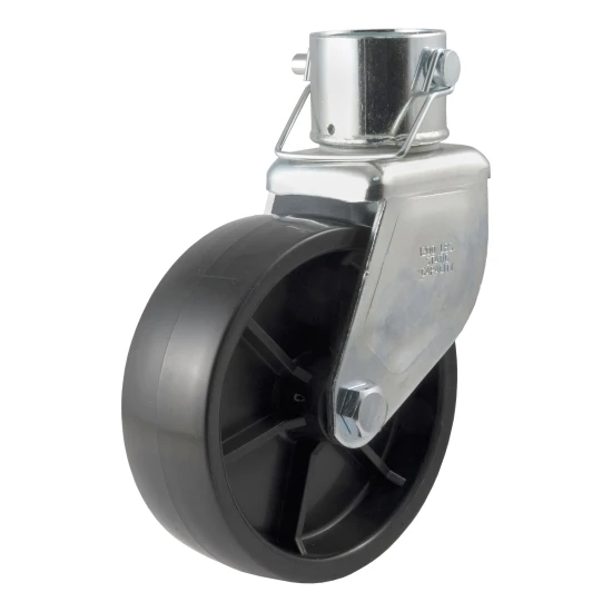 CURT jack caster with 6-inch poly wheel and safety pin attachment, compatible with 2-inch diameter tubes