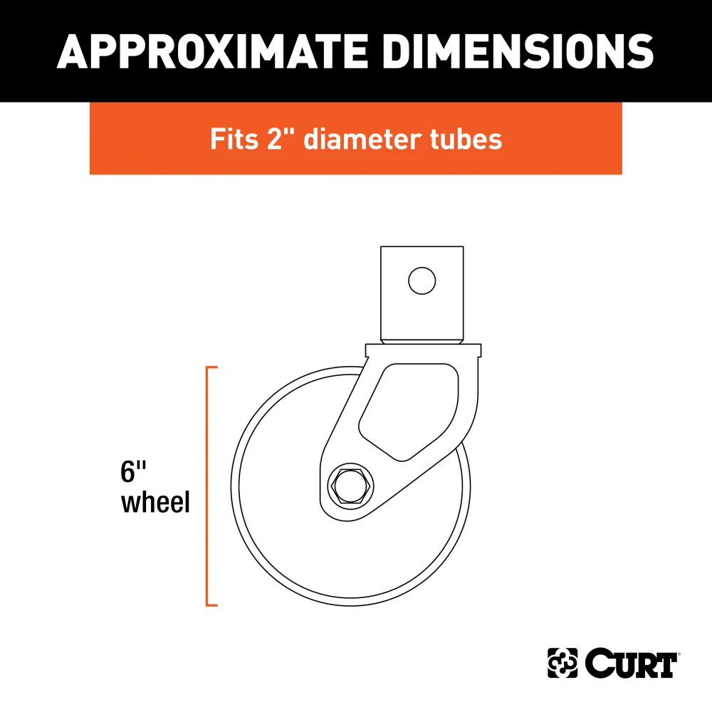 CURT jack caster with 6-inch poly wheel and safety pin attachment, compatible with 2-inch diameter tubes