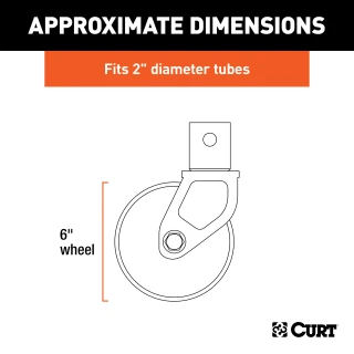CURT jack caster with 6-inch poly wheel and safety pin attachment, compatible with 2-inch diameter tubes