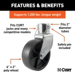 CURT jack caster with 6-inch poly wheel and safety pin attachment, compatible with 2-inch diameter tubes