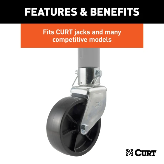 CURT jack caster with 6-inch poly wheel and safety pin attachment, compatible with 2-inch diameter tubes
